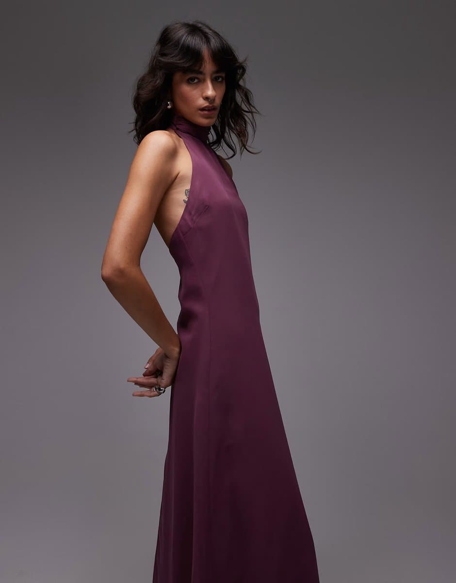 ASOS ASOS DESIGN chiffon high neck halter maxi dress in plum