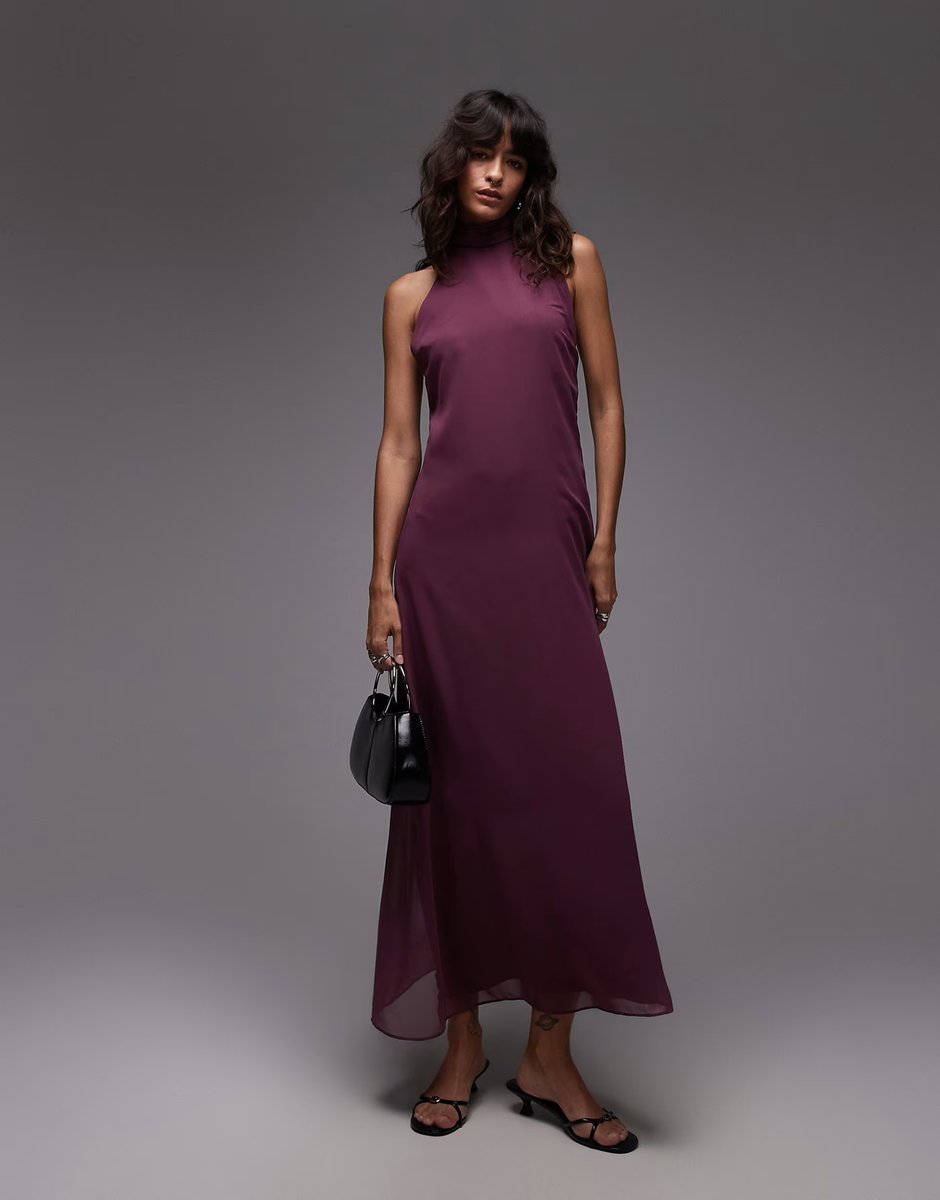 ASOS ASOS DESIGN chiffon high neck halter maxi dress in plum - 3