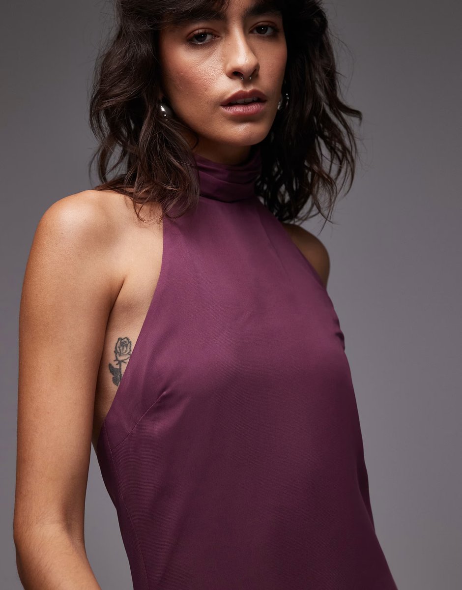 ASOS ASOS DESIGN chiffon high neck halter maxi dress in plum - 4