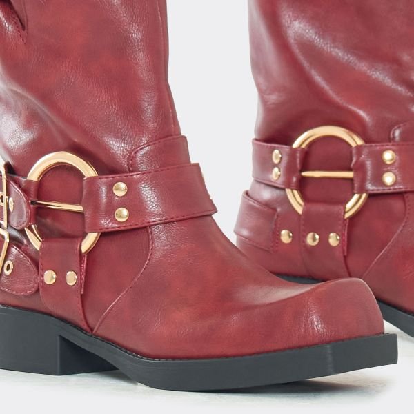 EGO Elsanna Ring Detail Ankle Biker Boot In Burgundy Faux Leather, Women's Size UK 3 - 2