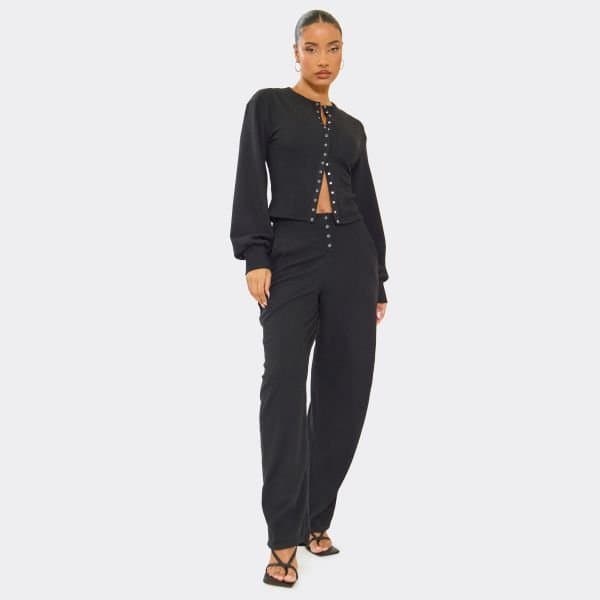 EGO Mid Rise Popper Detail Trousers In Black Ribbed, Women's Size UK 6