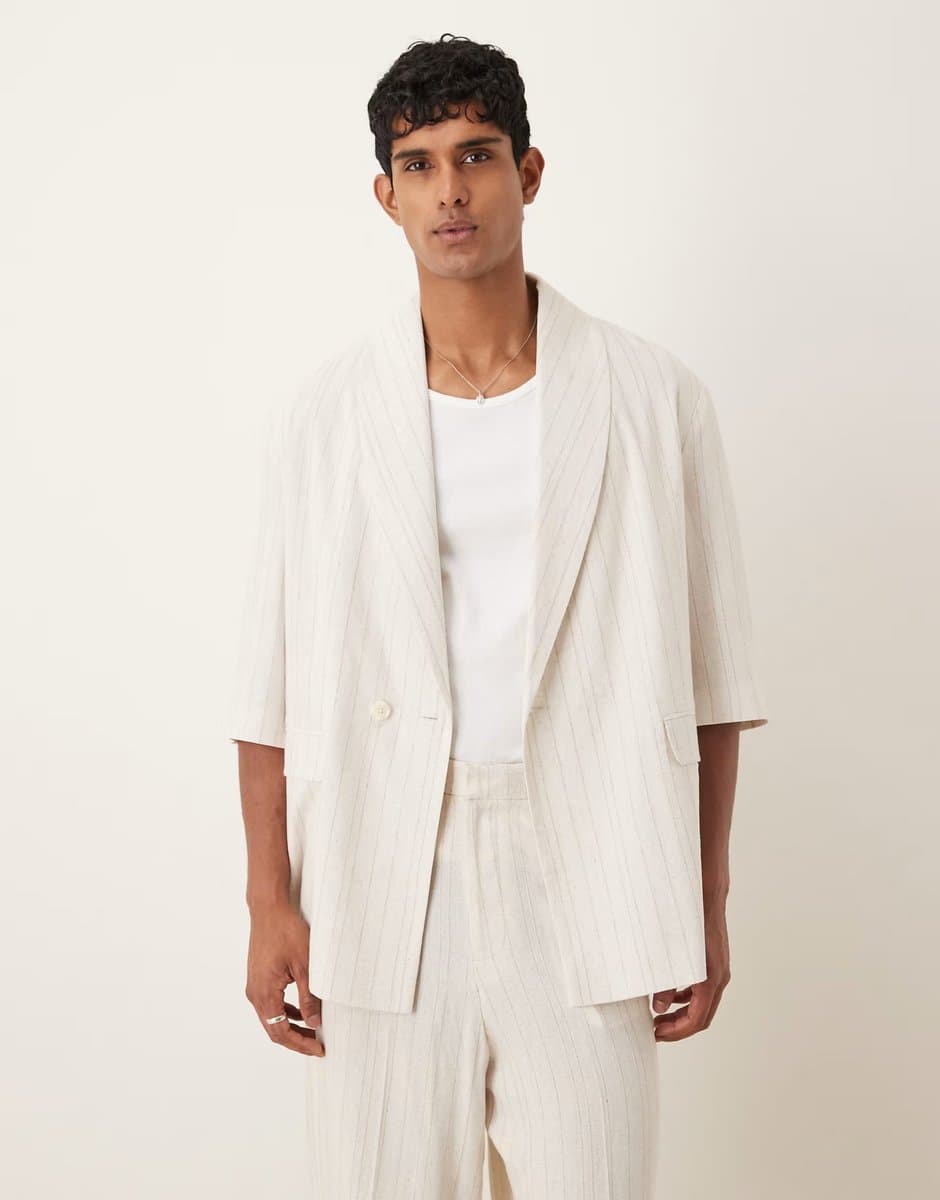 ASOS ASOS DESIGN linen mix slouchy oversized suit jacket in stone pinstripe