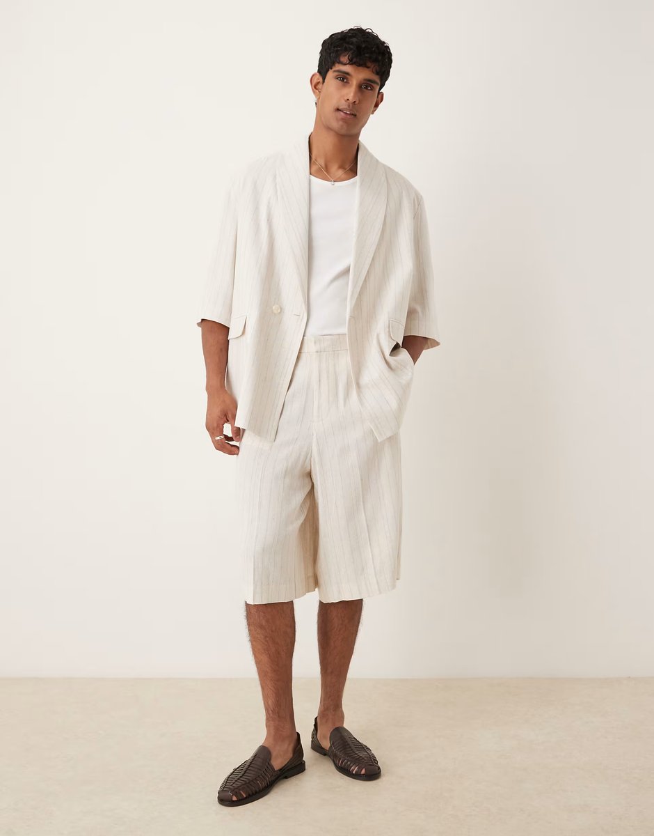 ASOS ASOS DESIGN linen mix slouchy oversized suit jacket in stone pinstripe - 2