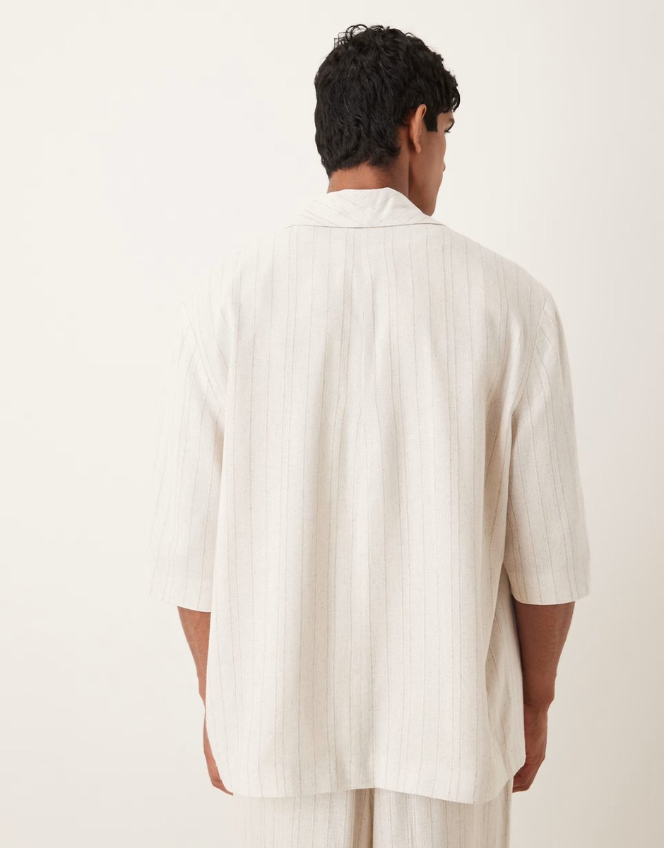 ASOS ASOS DESIGN linen mix slouchy oversized suit jacket in stone pinstripe - 3