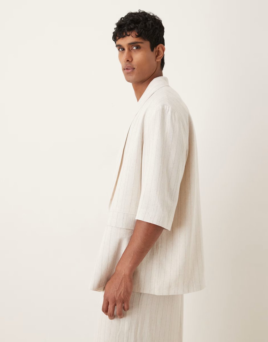 ASOS ASOS DESIGN linen mix slouchy oversized suit jacket in stone pinstripe - 4