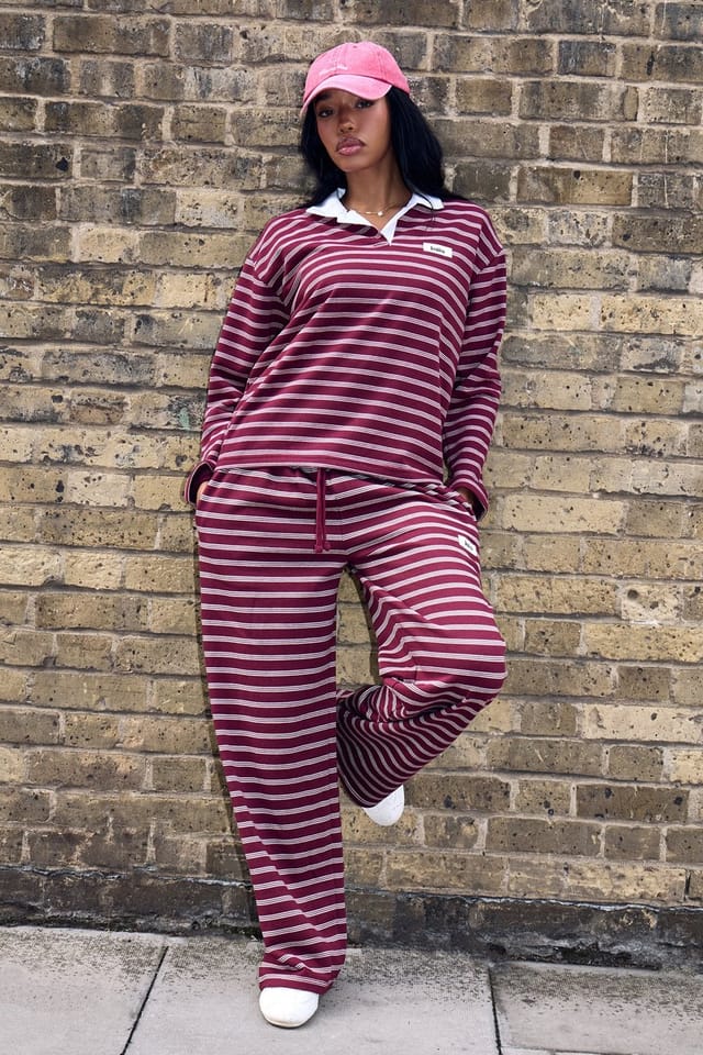 Kaiia Kaiia Striped Oversized Rugby Shirt Burgundy & Cream - 2