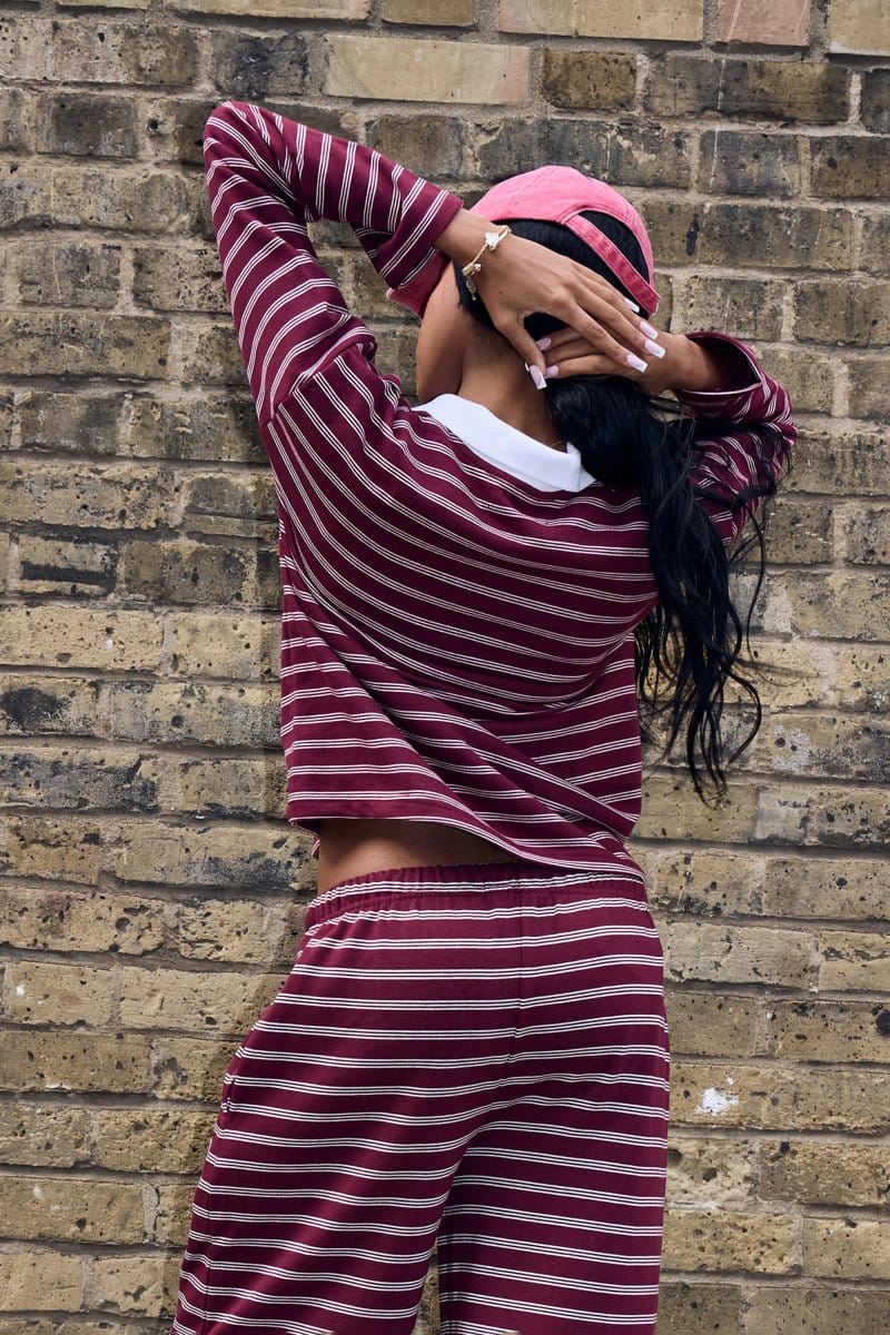 Kaiia Kaiia Striped Oversized Rugby Shirt Burgundy & Cream - 4
