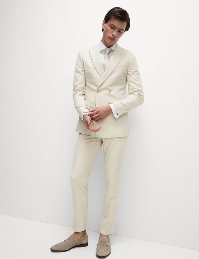Marks & Spencer M&S Slim Fit Double Breasted Jacket with Stretch Ecru - 3