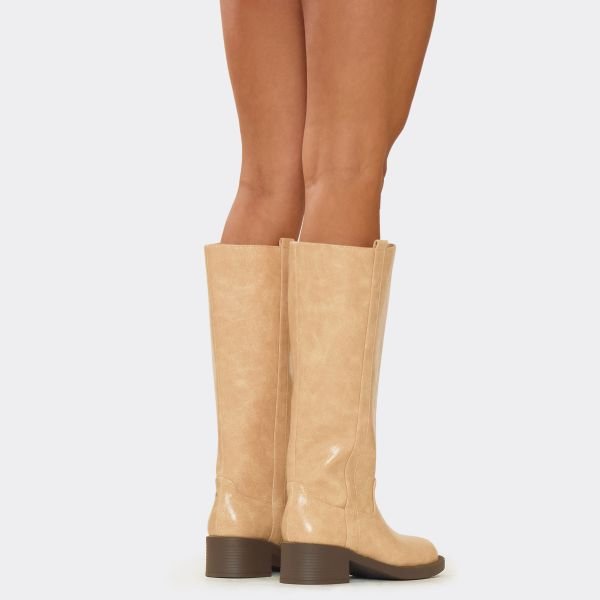 EGO Mamma Knee High Long Biker Boot In Distressed Nude Faux Leather, Women's Size UK 3 - 2