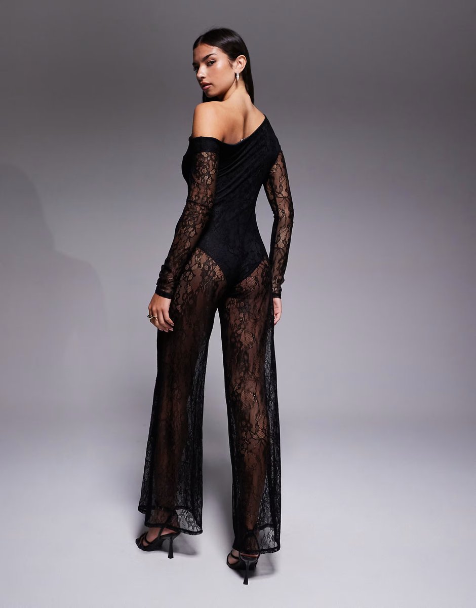 ASOS ASOS DESIGN lace wide legged jumpsuit with body suit lining and open back in black - 3