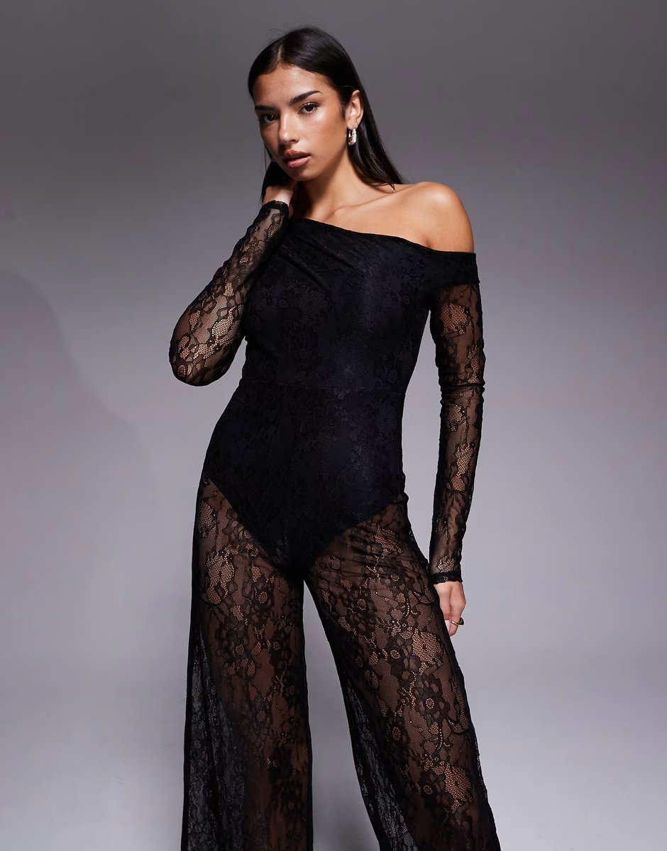 ASOS ASOS DESIGN lace wide legged jumpsuit with body suit lining and open back in black - 4