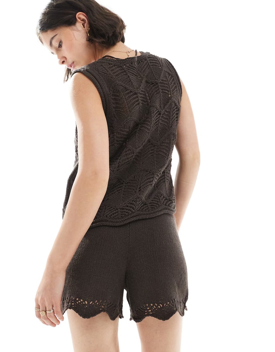 ASOS Vero Moda crochet knitted shorts co-ord in chocolate brown - BROWN - 4