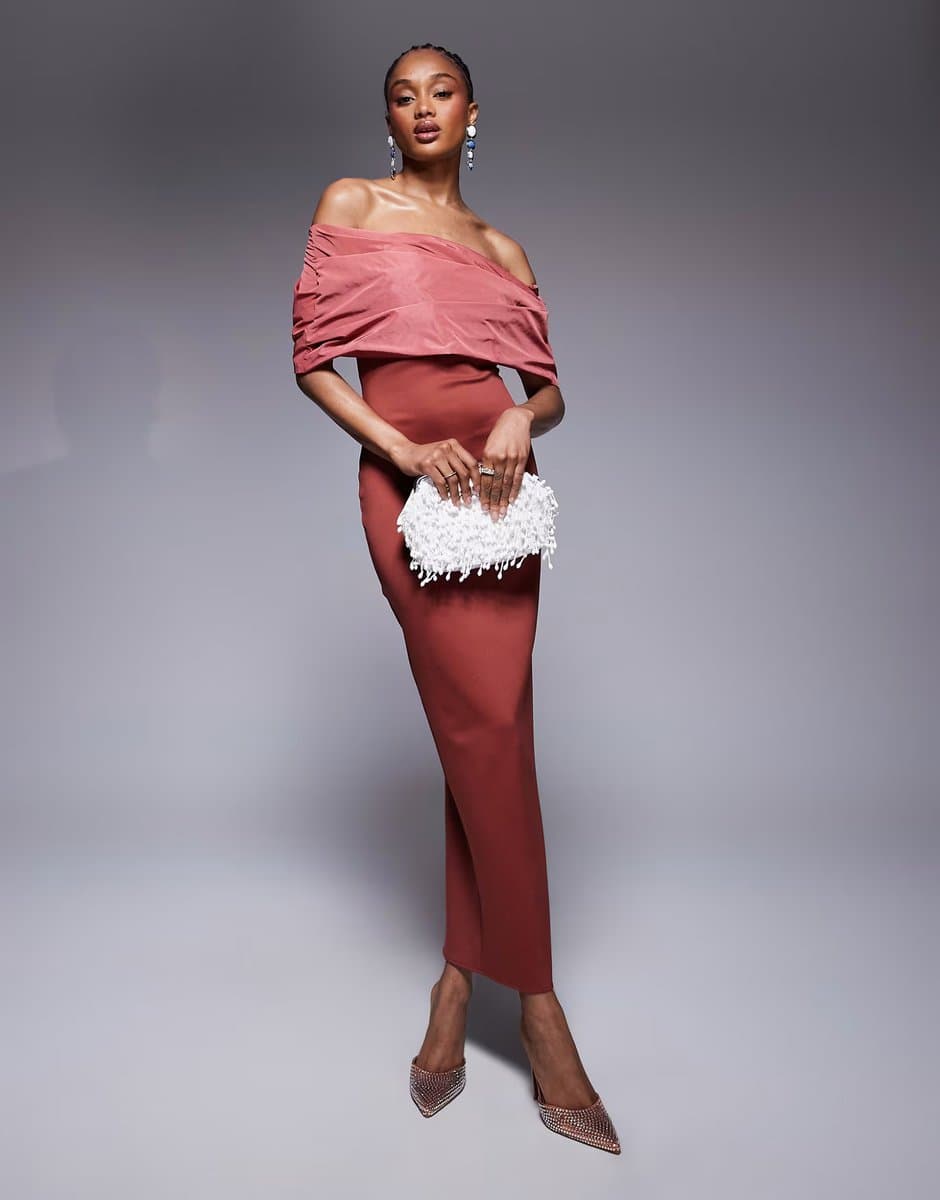 ASOS ASOS DESIGN Tall bardot manipulated taffeta bodice detail midi dress in red