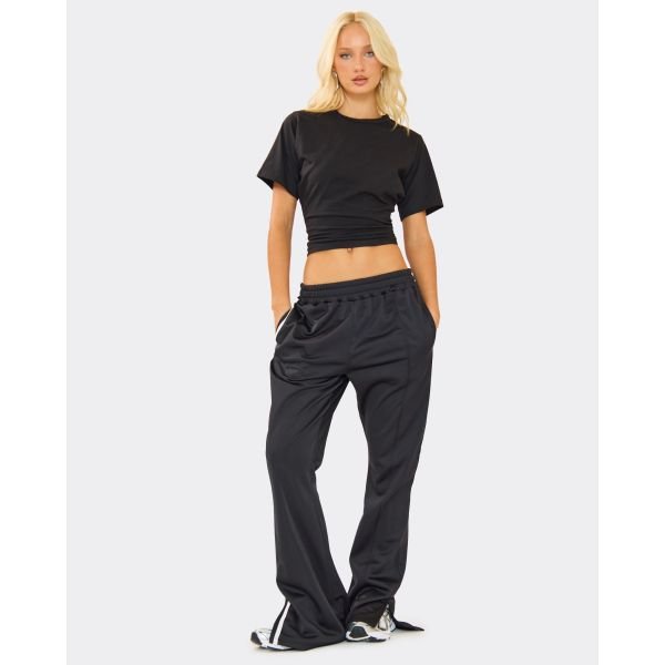 EGO Elastic Waist Contrast Side Stripe Split Hem Flared Joggers In Black, Women's Size UK 6 - 2