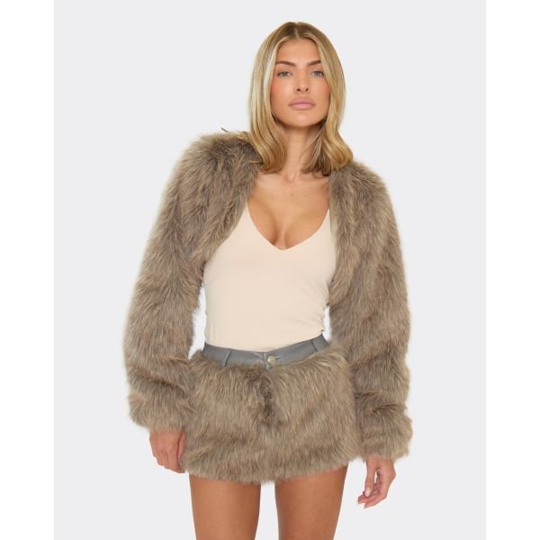 EGO Cropped Jacket In Grey Faux Fur, Women's Size UK 6 - 2