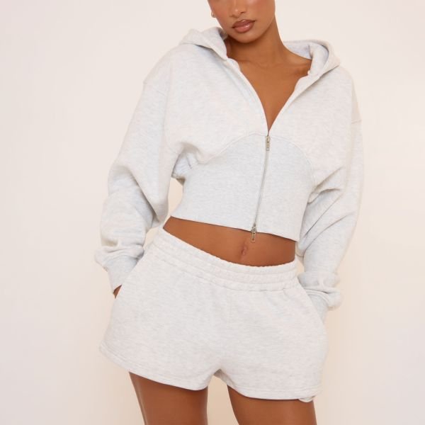 EGO Long Sleeve V Neck Double Zip Cropped Hoodie In Grey, Women's Size UK 4 - 2