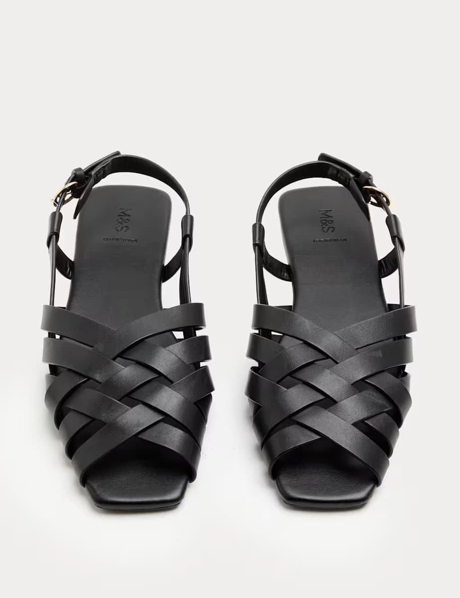 Marks & Spencer M&S Leather Woven Flat Slingback Sandals Black