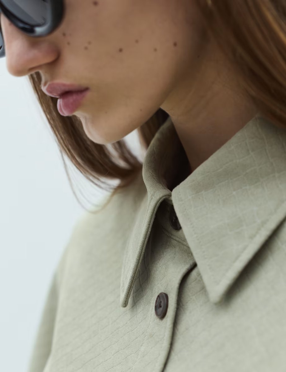 Marks & Spencer M&S Faux Suede Basket Weave Collared Shirt Light Olive - 3