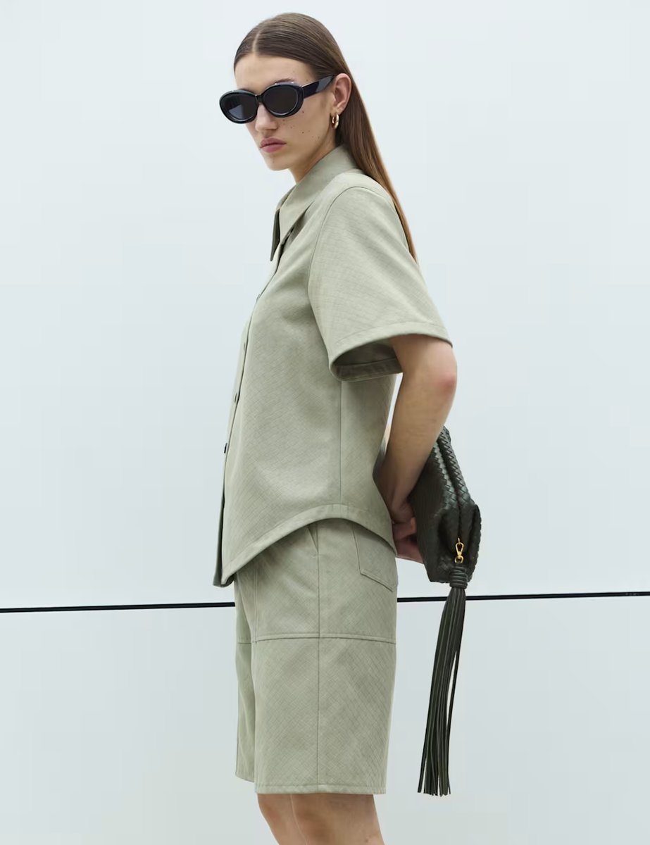 Marks & Spencer M&S Faux Suede Basket Weave Collared Shirt Light Olive - 4