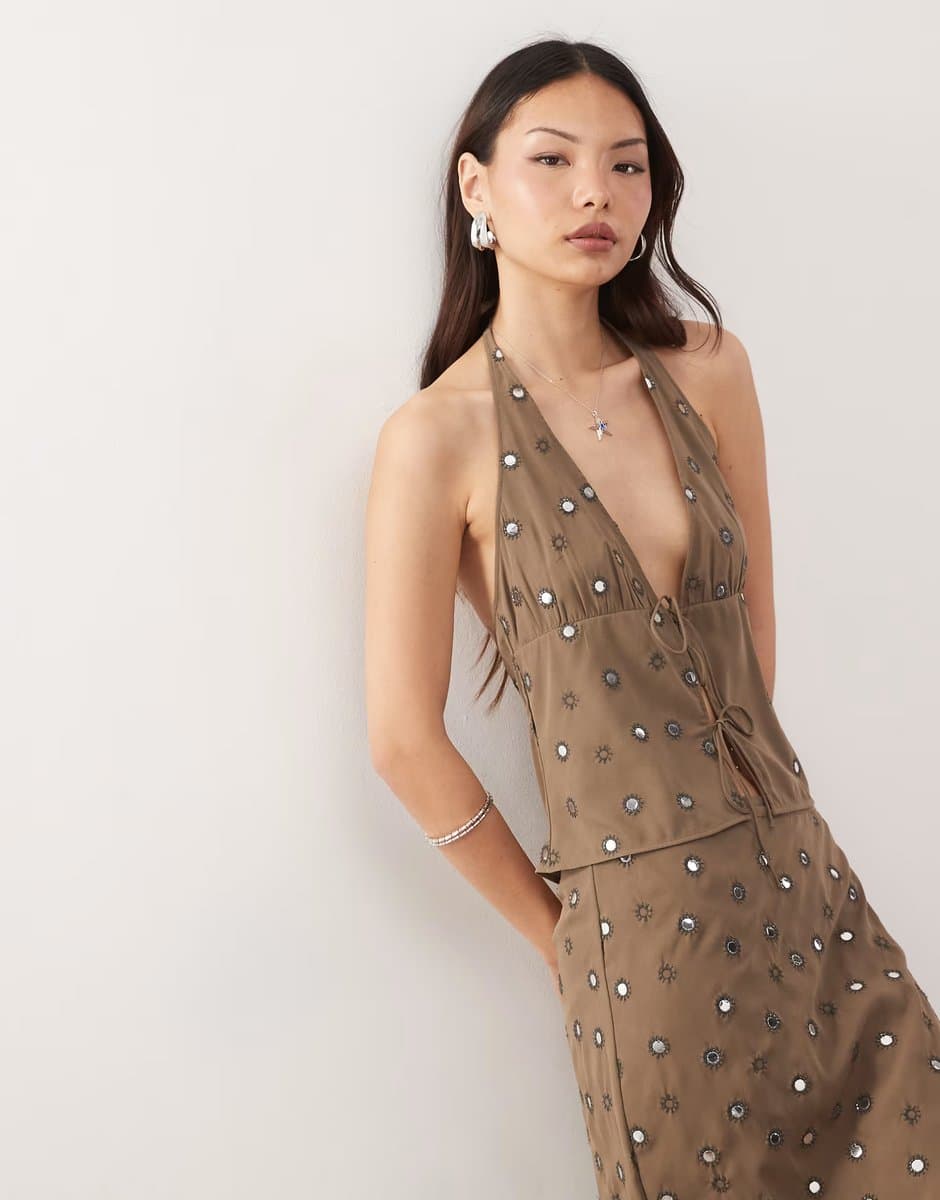 ASOS Weekday co-ord halter neck top with mirror sequin embellishment in khaki