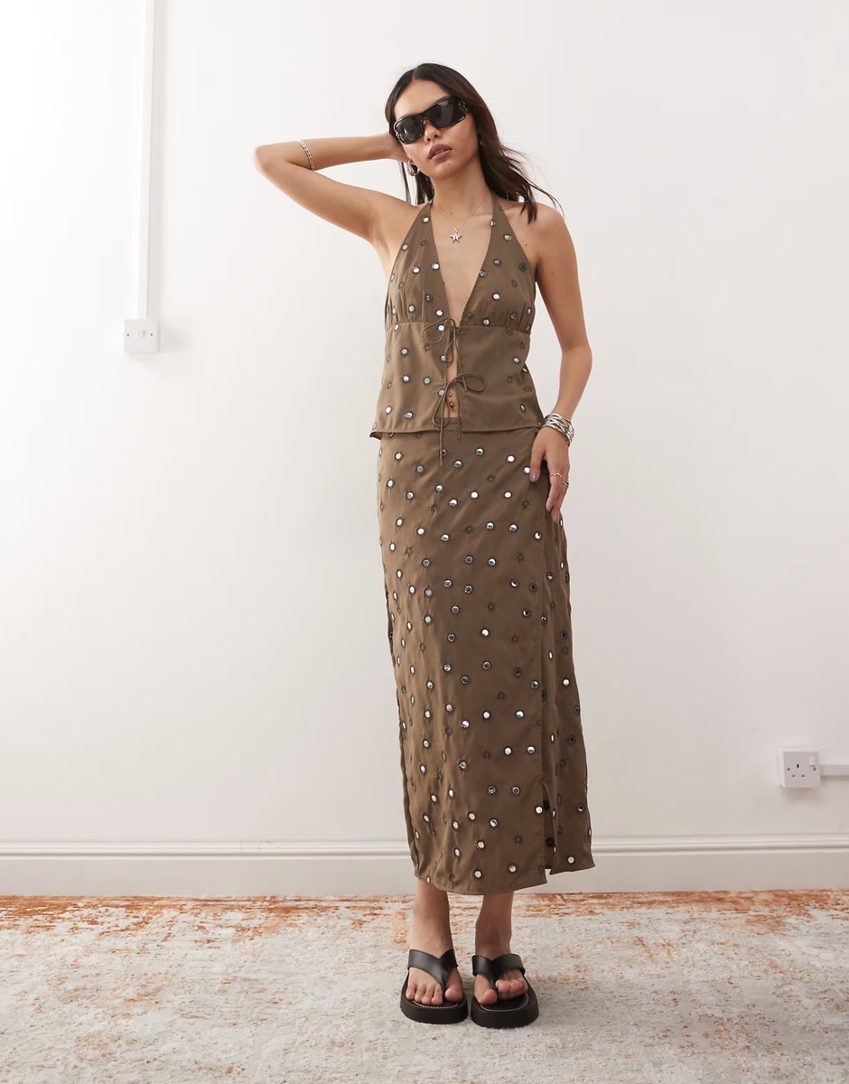 ASOS Weekday co-ord halter neck top with mirror sequin embellishment in khaki - 2