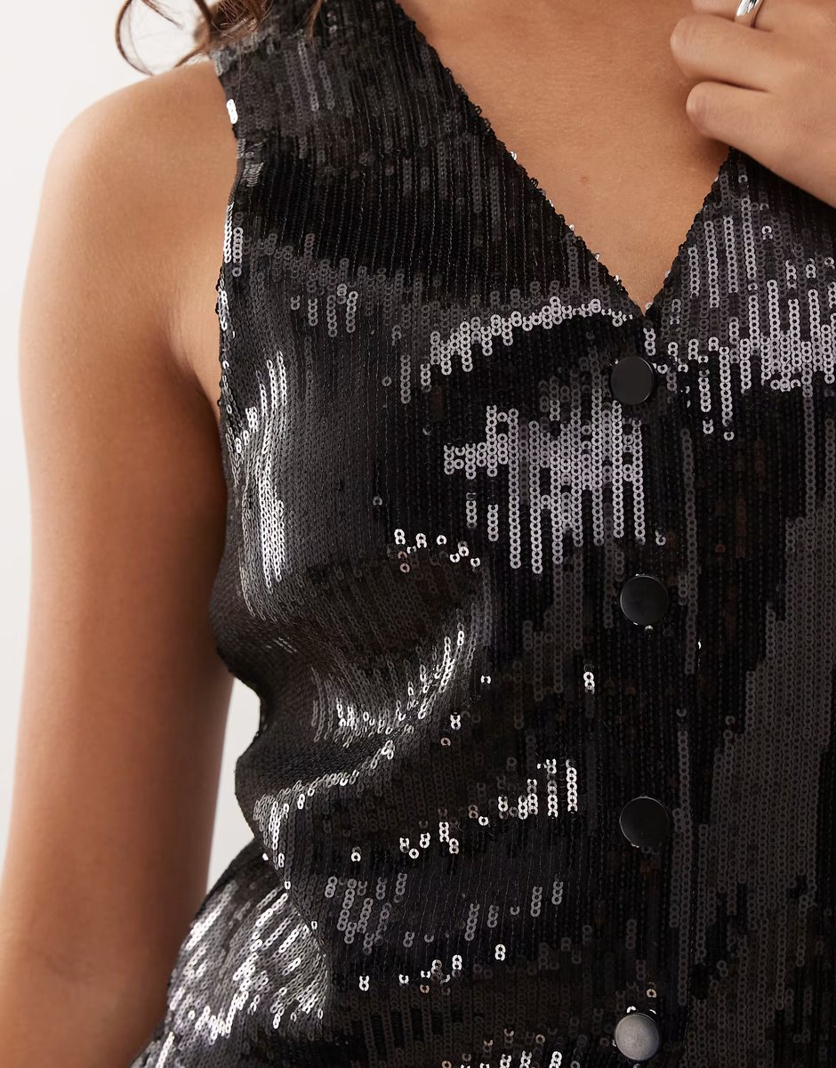 ASOS Reclaimed Vintage party waistcoat co-ord in black sequin  - 4