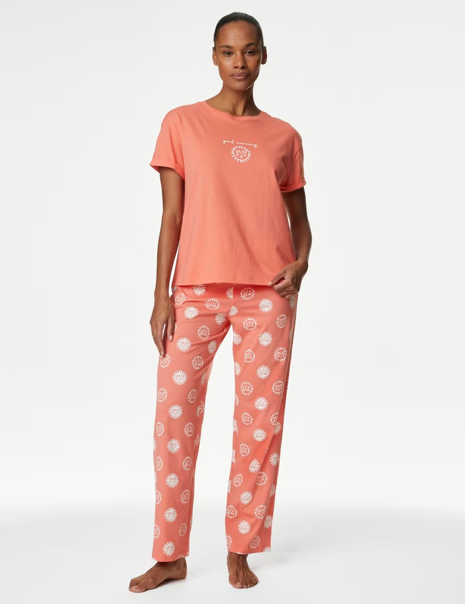 Marks & Spencer M&S Pure Cotton Printed Pyjama Set Coral Mix - 2
