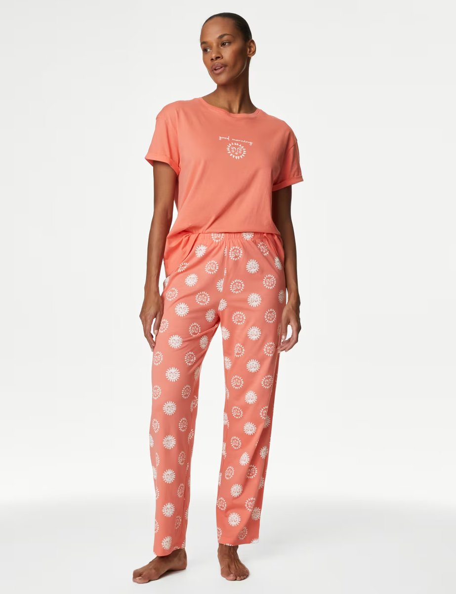 Marks & Spencer M&S Pure Cotton Printed Pyjama Set Coral Mix - 4