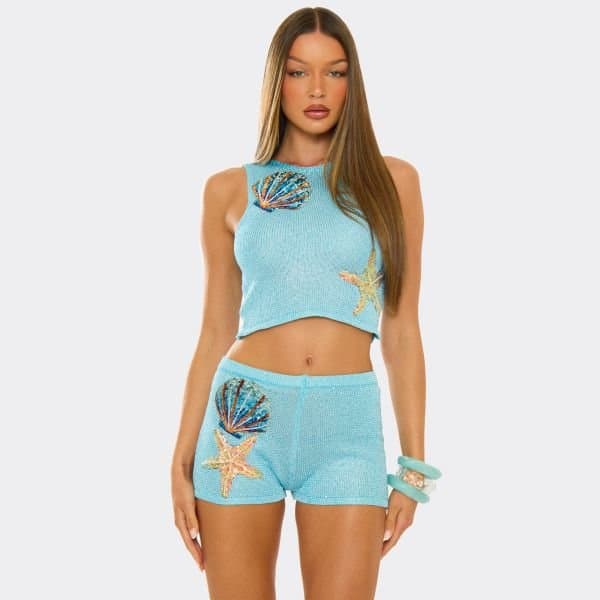 EGO EGO Race Neck Shell Trim Crop Top in Blue Glitter Knit