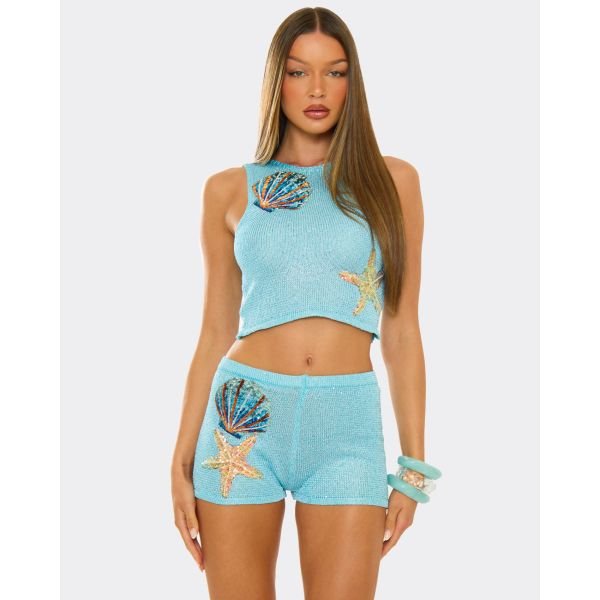 EGO Race Neck Shell Trim Crop Top In Blue Glitter Knit, Women's Size UK Large L - 2