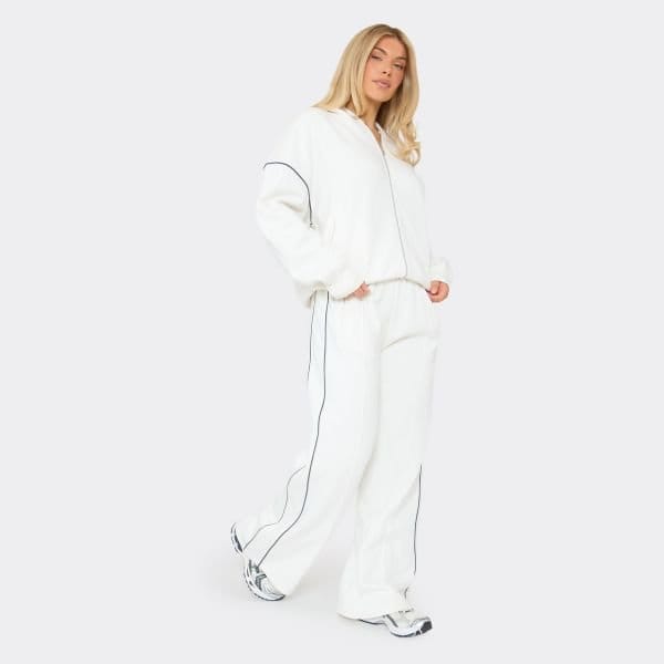 EGO Low Rise Contrast Stripe Wide Leg Joggers In Cream, Women's Size UK 6 - 2