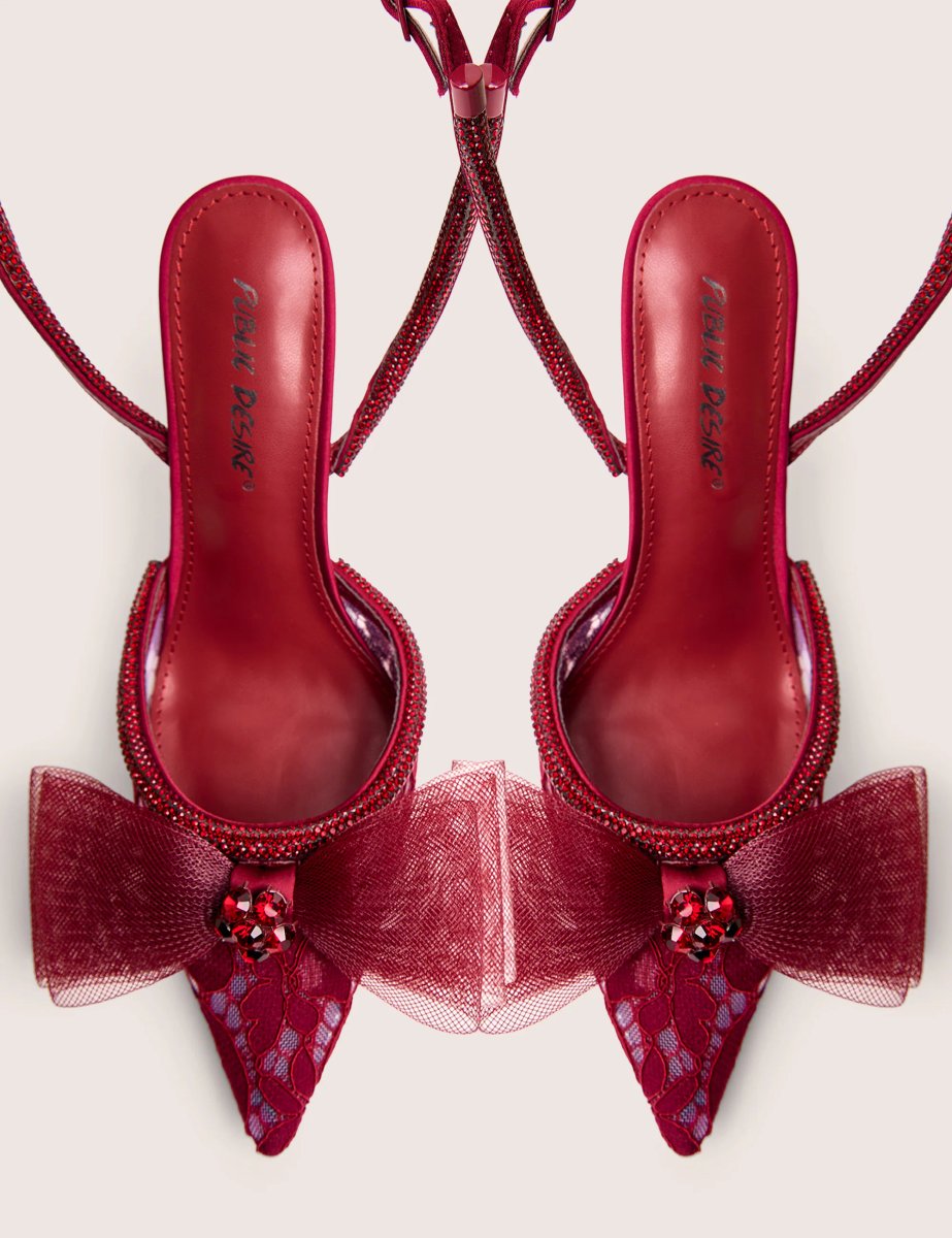 Public Desire Brat Burgundy Diamante Strap Wrap Around Pointed Stiletto Heels - 3