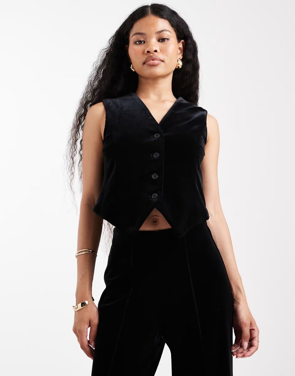 ASOS Vero Moda Petite velvet waistcoat co-ord in black