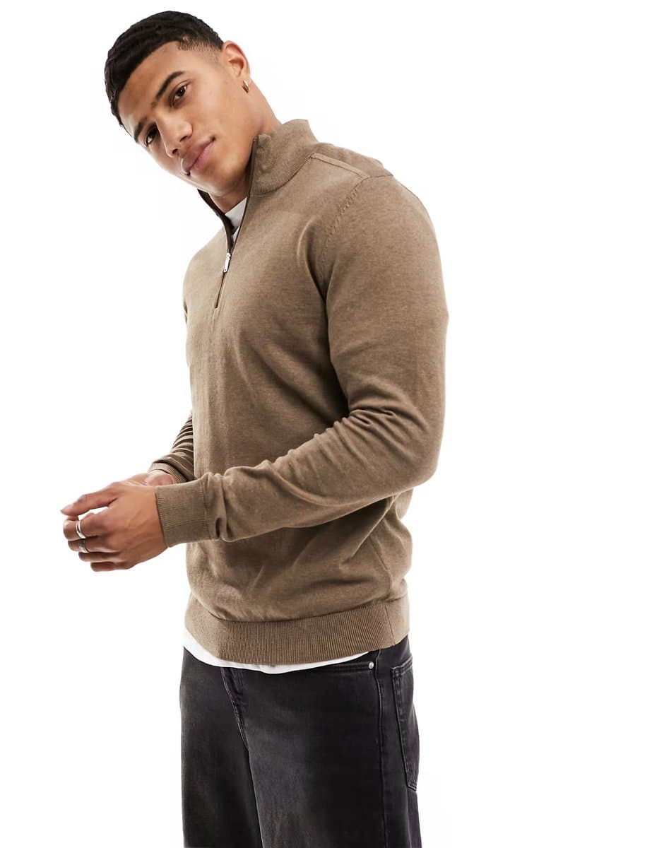ASOS Selected half zip high neck knit jumper in brown