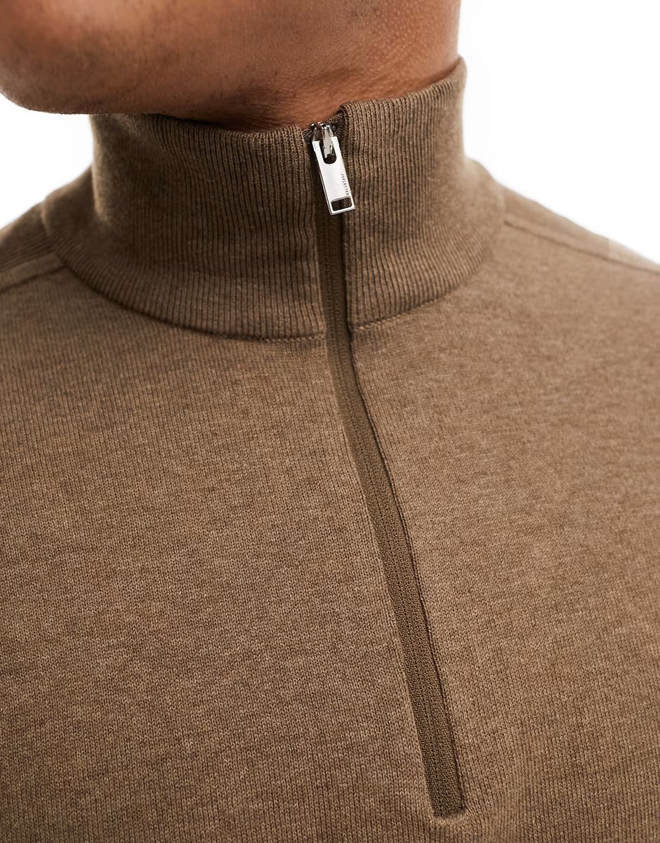 ASOS Selected half zip high neck knit jumper in brown - 2