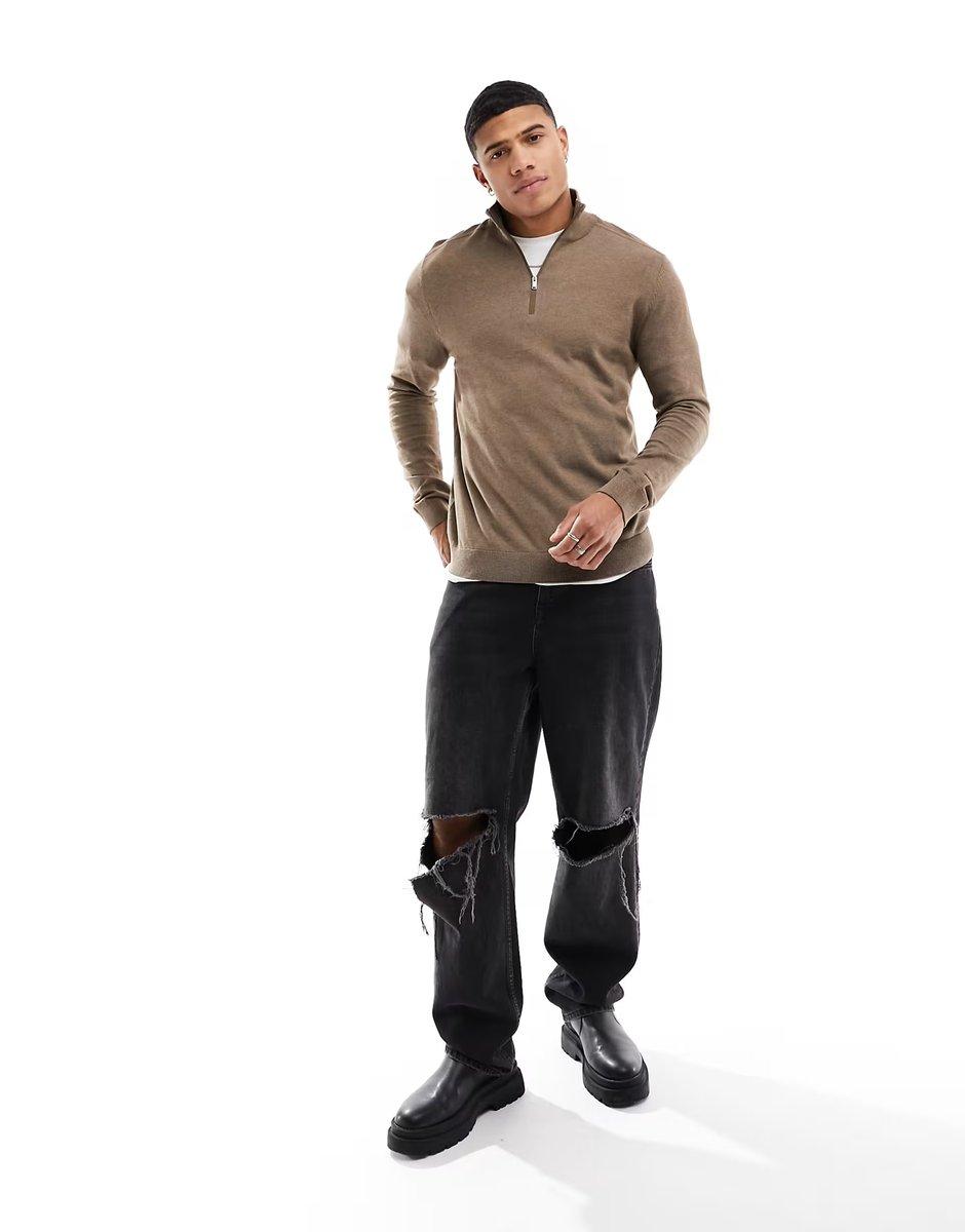 ASOS Selected half zip high neck knit jumper in brown - 3