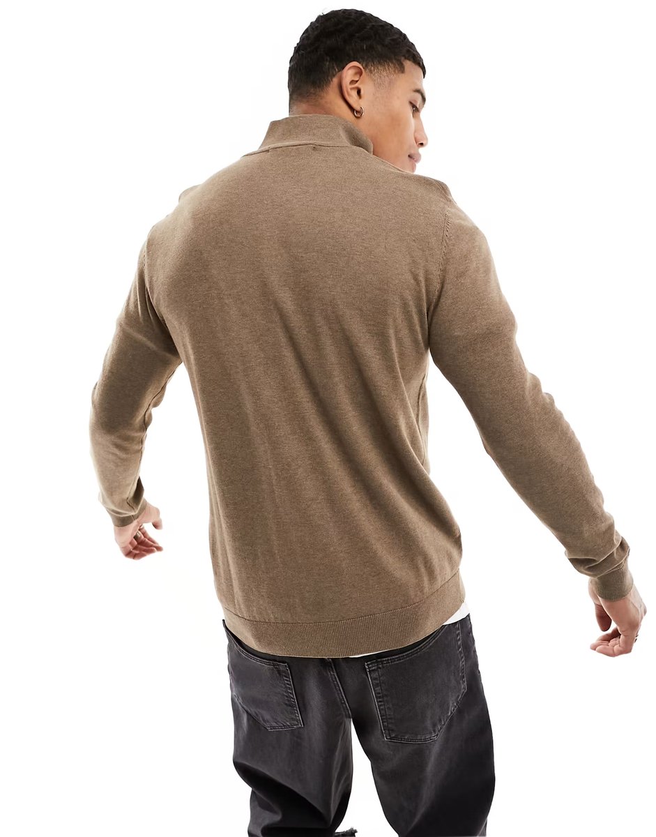 ASOS Selected half zip high neck knit jumper in brown - 4