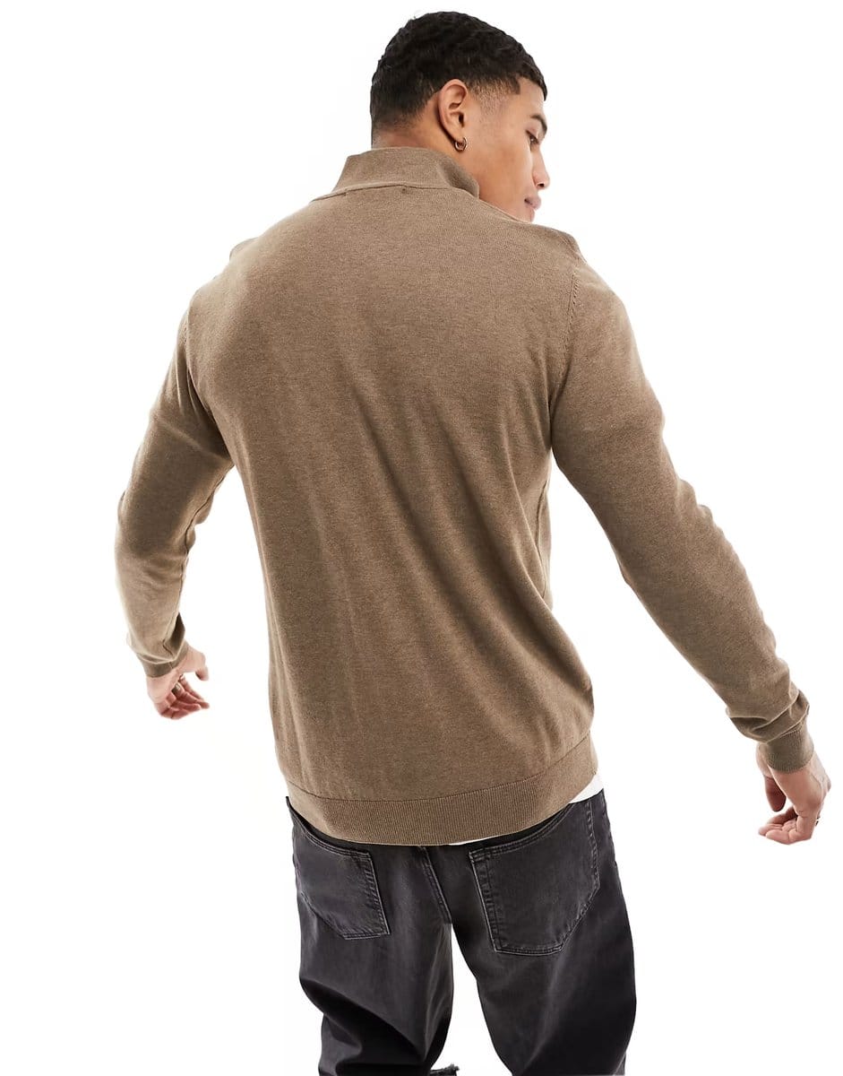 ASOS Selected half zip high neck knit jumper in brown - 4