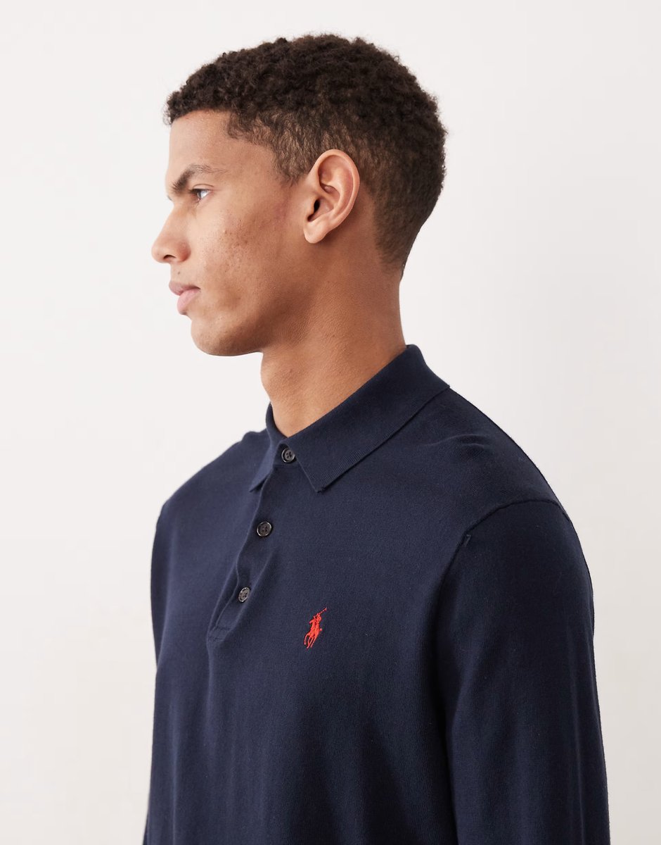 ASOS Polo Ralph Lauren icon logo cotton knit polo jumper in navy - 4