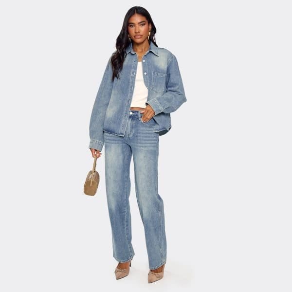 EGO Mid Rise Straight Leg Detail Jeans In Washed Blue Denim, Women's Size UK 6 - 2