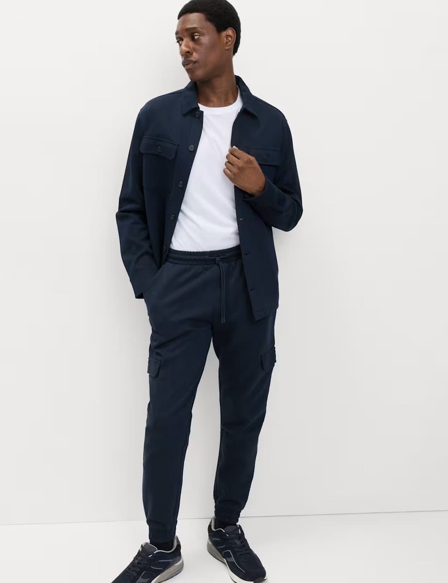 Marks & Spencer M&S Regular Fit Herringbone Cargo Joggers in Navy