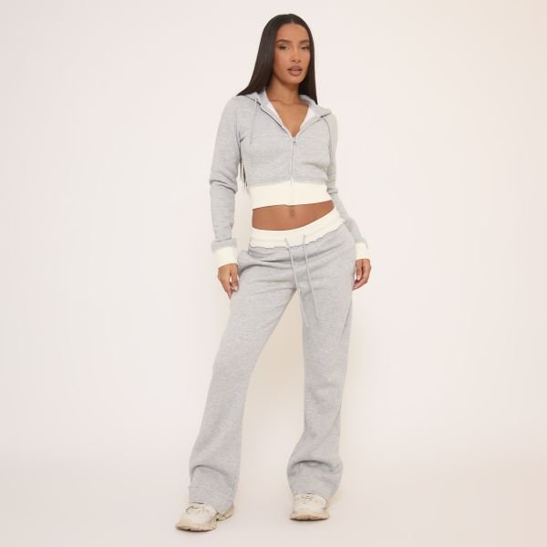 EGO Contrast Distressed Detail Drawstring Flared Joggers In Light Grey, Women's Size UK 4 - 2