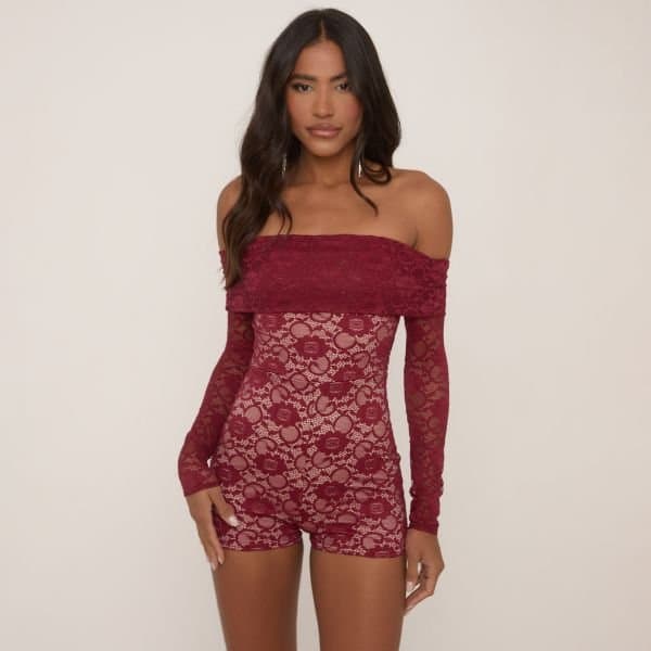 EGO Long Sleeve Bardot Fold Over Detail Playsuit In Burgundy Lace, Women's Size UK 16