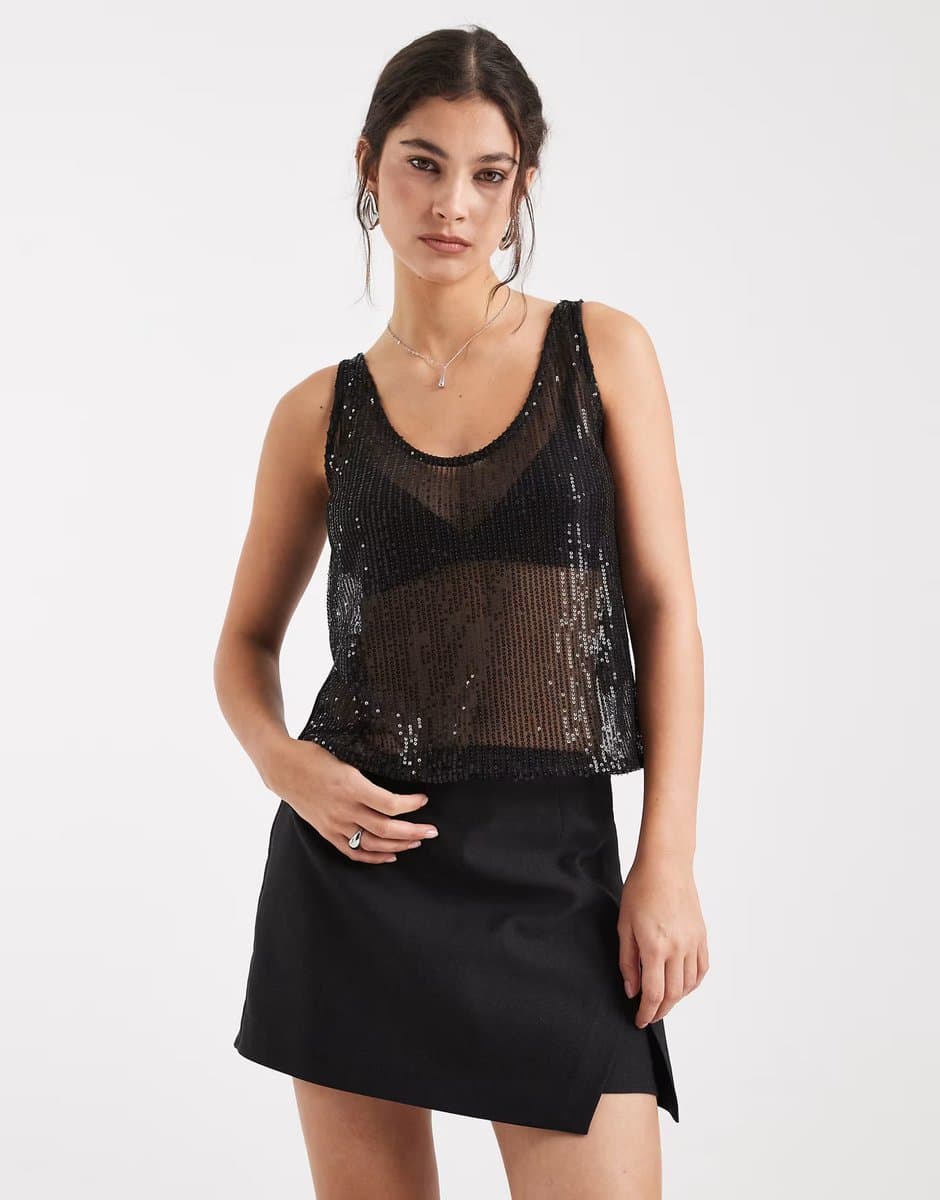 ASOS Pieces sheer sequin cami top in black