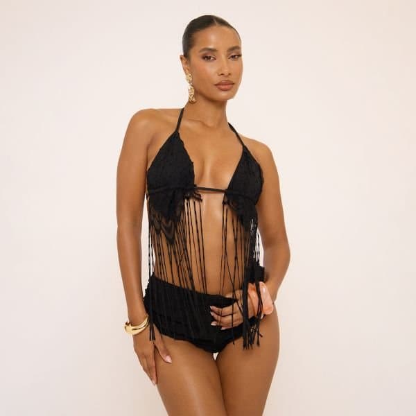 EGO EGO Halterneck Ruffle Fringe Detail Bralet in Black