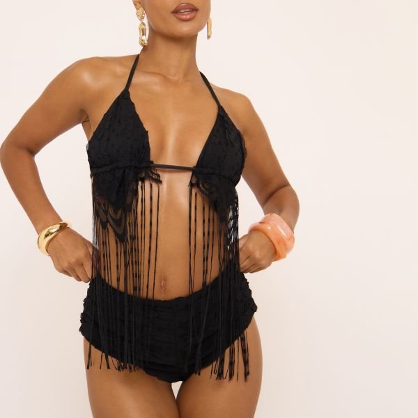 EGO Halterneck Ruffle Fringe Detail Bralet In Black, Women's Size UK 10 - 2