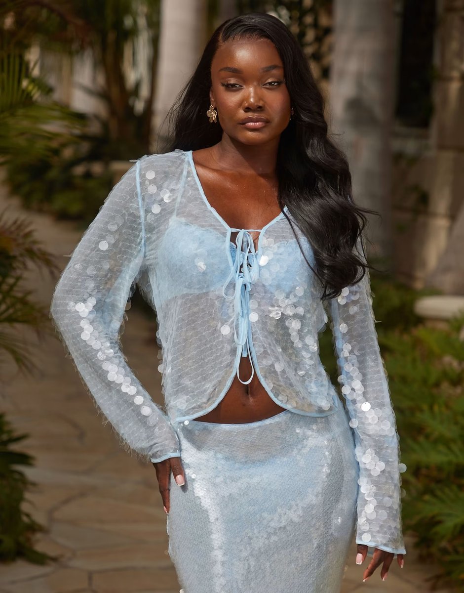 ASOS South Beach tie front sequin long sleeve beach top in blue - 1