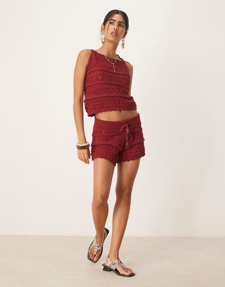 ASOS ASOS DESIGN crochet knit short co-ord with beaded front tie in rust