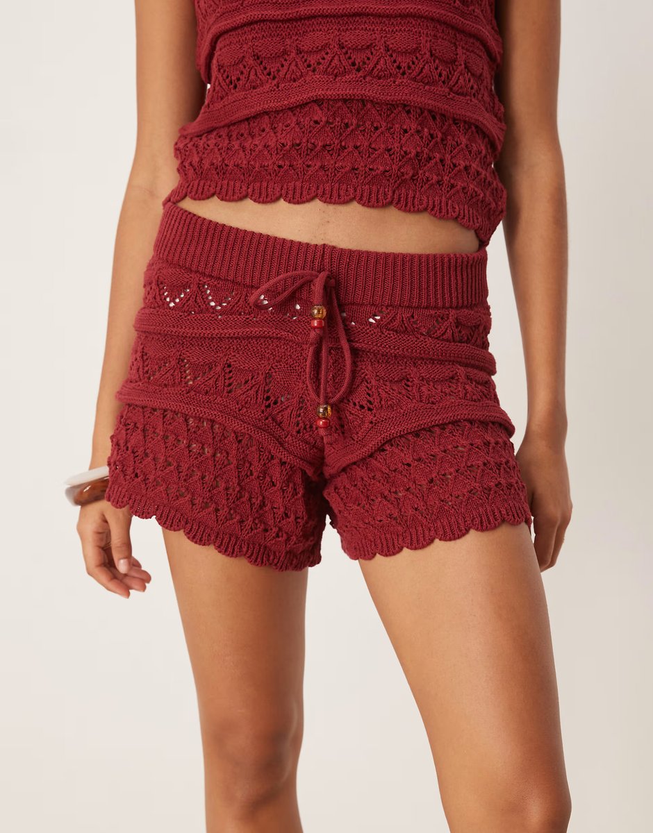 ASOS ASOS DESIGN crochet knit short co-ord with beaded front tie in rust - 3