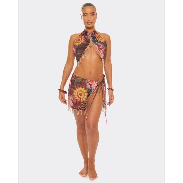 EGO Wrap Waist Beaded Detail Beach Skirt In Multi Abstract Print, Women's Size UK 6 - 2